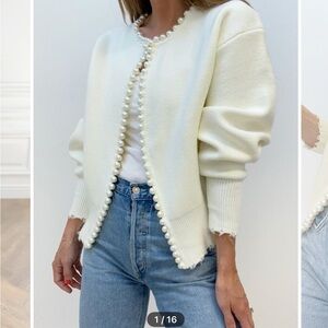 Elegant Pearl-Trimmed Ripped Hem Cream  Sweater